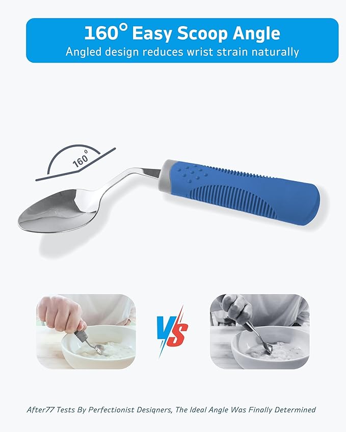 Adaptive Utensils (4-Piece Set) Weighted 7 oz - 42° Angled Utensils for Parkinson's Patients, Hand Tremors, Arthritis & Elderly - Eating Utensils for Elderly (Blue: Left Handed)