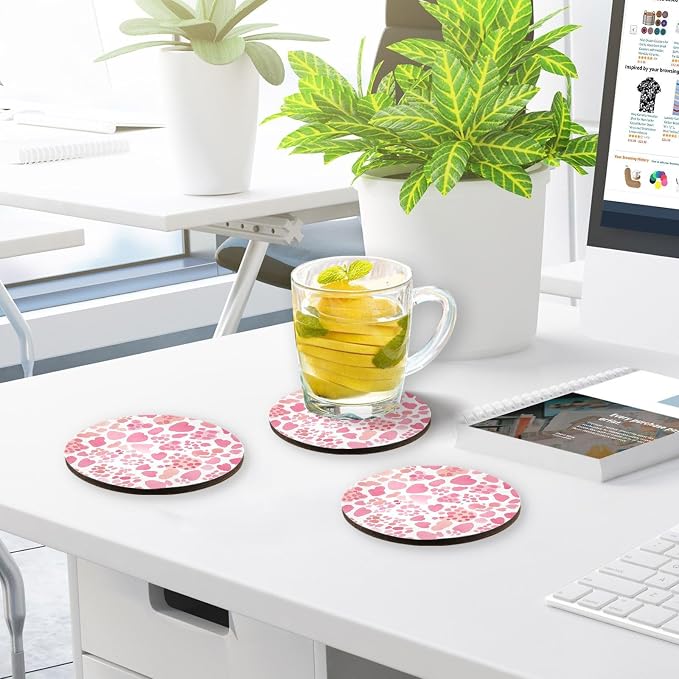 Pink Glitter Leopard Print Set of 4 Round Drink Coaster Cork Trivets - Image 7