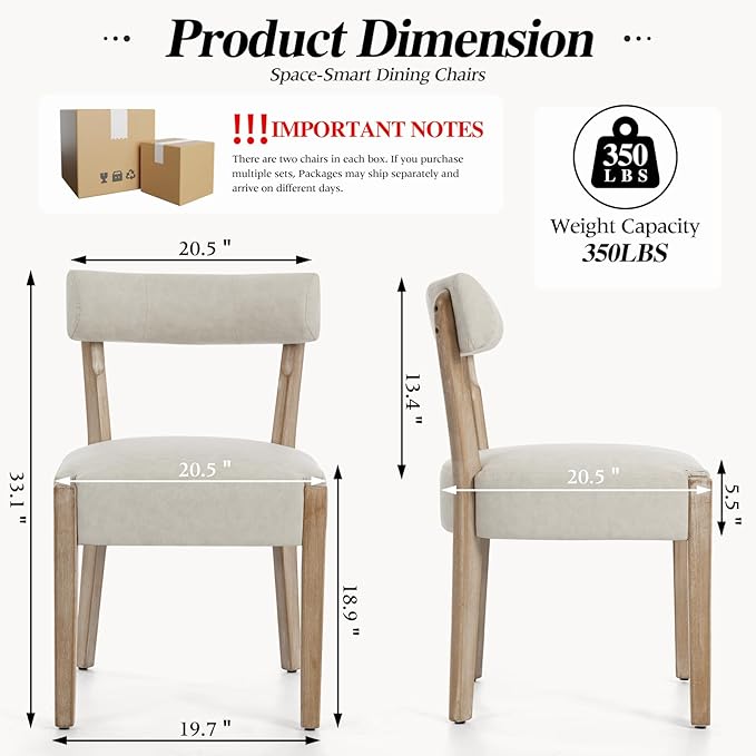 Modern Dining Chairs Set of 2 – Mid-Century Modern Faux Leather Upholstered Kitchen & Dining Room Chairs with Curved Back, Oversized Rounded Seat, Sturdy Wood Frame, Beige