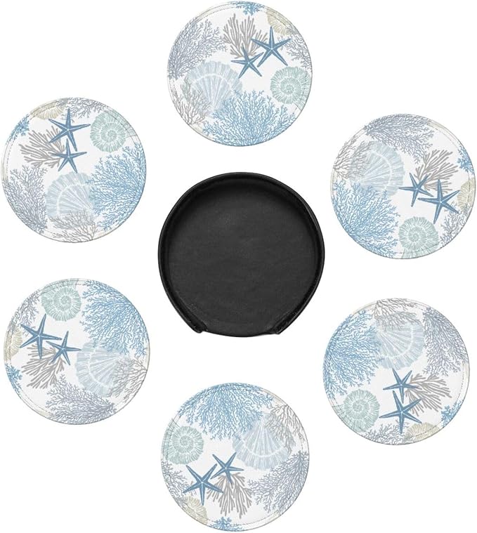 6 Pcs Sea Life Coral Starfish Print Blue Plant Leather Coasters - Image 7