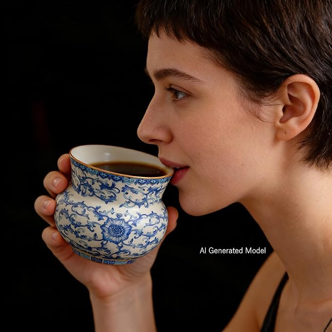 Blue and White Floral Porcelain Coffee Mug 10 oz | No Handle, Chinoiserie - Image 2