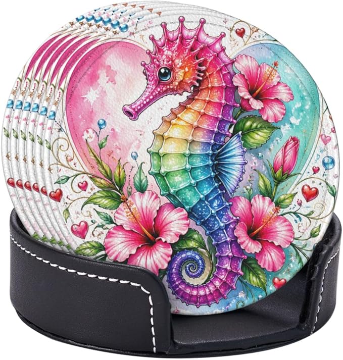 Romantic Heart Seahorse Art Leather Coasters Set of 6 - Image 2