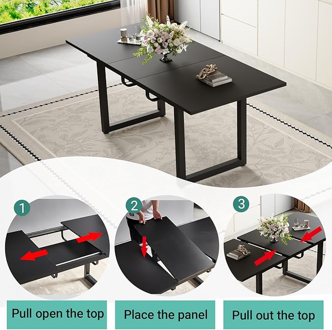 Modern Dining Table Set for 6, 55"-71" Extendable Dining Room Table Set for 6, Black Kitchen Table with 6 Upholstered Chairs, Space-Saving for Dining Room Apartment, Easy Assembly