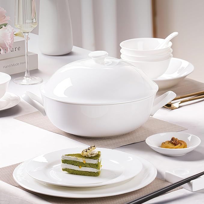 70 Pcs Fine Bone China Dinnerware Set, Porcelain & Ceramic Dinnerware Sets, Bone Stoneware & Ceramic Cookware Tableware Set Includes Dinner Plates|Spoons|Pasta Bowls|Soup Pot|Chopsticks