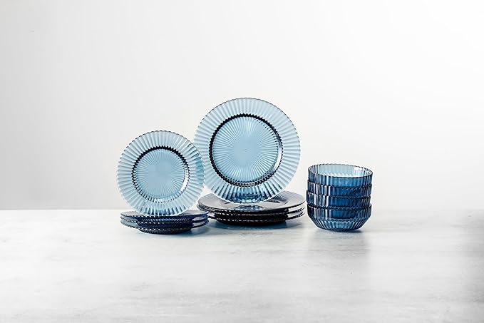 Fortessa Archie Glass 12 Piece Dinnerware Set (Service for 4), Cornflower Blue