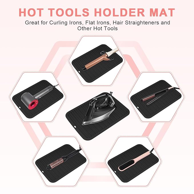 AMIJEAL Oversize Silicone Heat Resistant Mat for Hair Tools, Curling Iron Flat Iron Hair Straightener Holder Mat, Portable Hot Tools Cover Pad for Travel Vanity Salon(14.2" x 11.0")
