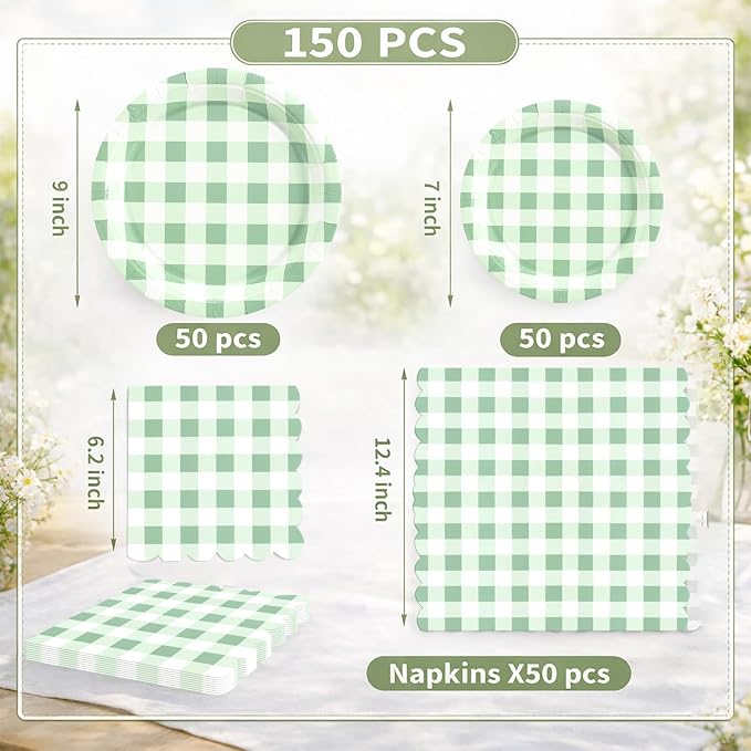 150PCS Sage Green Gingham Paper Plates and Napkins Serve 50 Guest Party | Green - Image 4