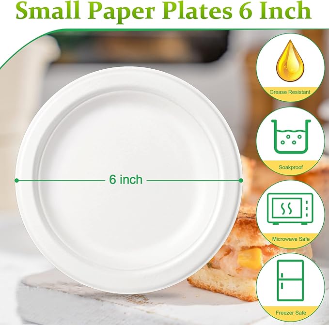Eco-Friendly Compostable Dessert Plates 6-Inch, White - 50 Count