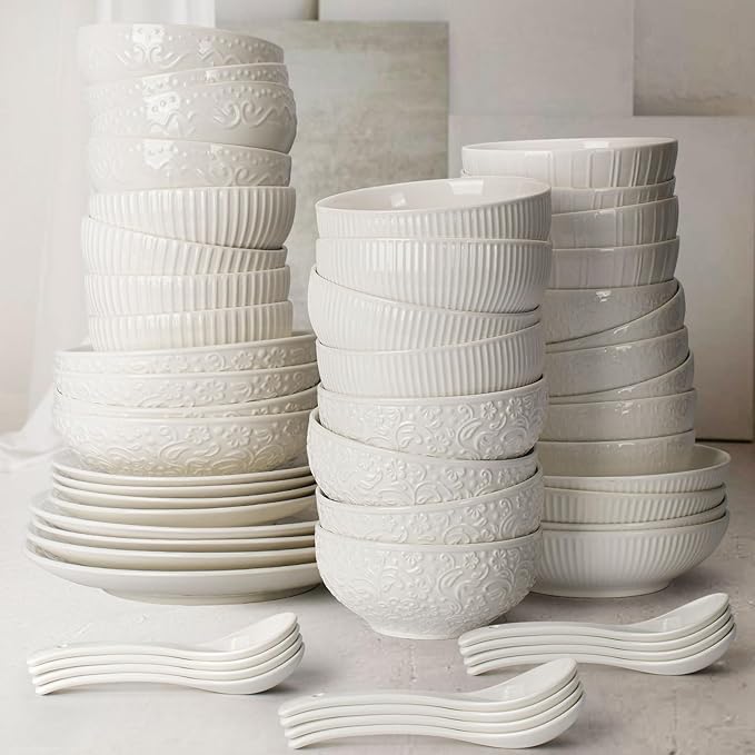 Artena Ceramic Cereal Bowls 26 oz, Embossment Soup Bowls Set of 4, White Salad Bowl for Kitchen, Dinner, Breakfast, Oatmeal, Rice, Pasta, Dishwasher Microwave Safe Bowls (Stripes)