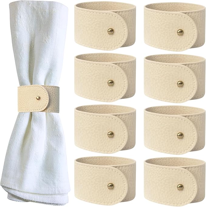 Luxury Leather Napkin Rings Set of 8, Beige, Morgan Faux Style, Modern Cuff Design for Wedding Party Decorations, Kitchen, Holiday Table,Rust Proof,Hotel, Home, Table Accessories, Dining