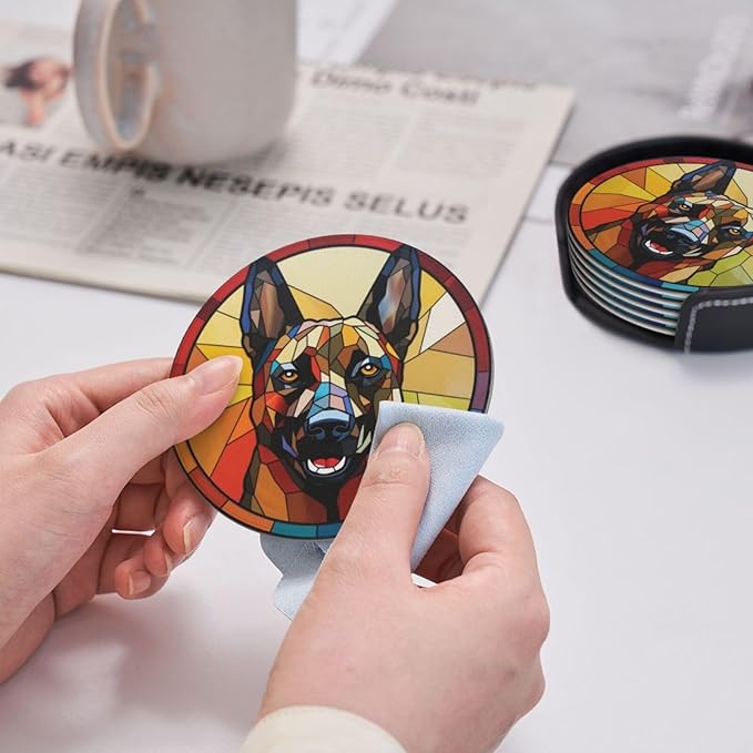 Drink Coaster Set of 6, Belgian Malinois Dog Mom Lover Gift,Leather Drink Coasters with Holder,6 Pack Cup/Bar/Drink Coasters for Table/Drinks/Coffee Protection Housewarming Gift