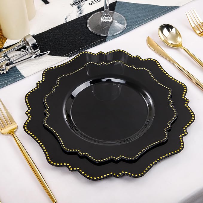 COLOSUS 60pcs Disposable Plastic Plates Set, Gold Black Party Plates, 30pcs Dinner Plates and 30pcs Salad/Dessert Plates for Wedding, Party, Anniversary, Daily Use，New Year
