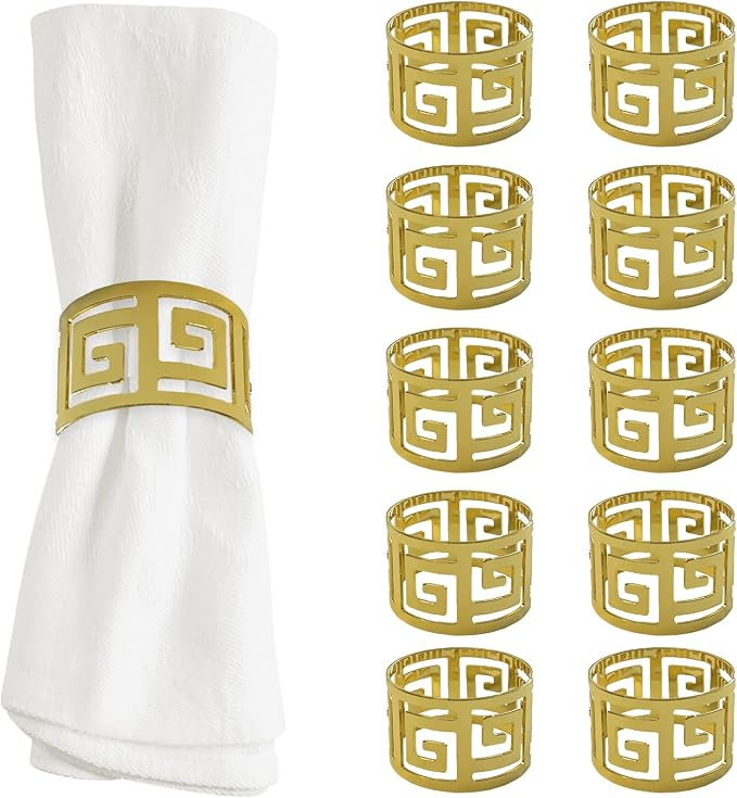 Shiny Gold Napkin Rings Set of 12, Greek Key Round, Modern Cuff Design - Image 2