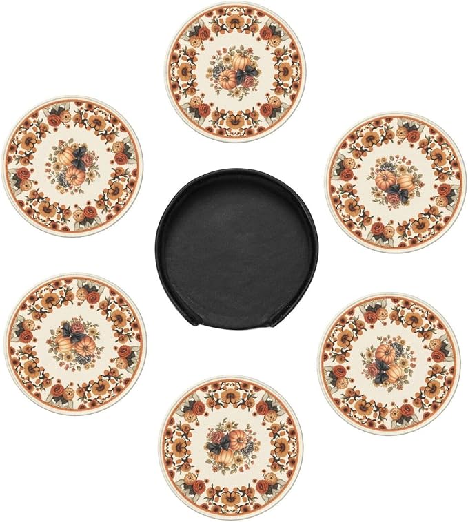 Sunflowers with Pumpkins Leather Coasters Set of 6 with Holders - Image 5