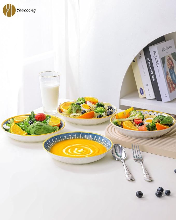 Yeacccng Pasta Bowls Set of 8, 24 Oz Ceramic Salad Bowls, 8 Inch Shallow Serving Bowls for Pasta, Salad, Oatmeal, Fruit, Easy to Clean, Dishwasher & Microwave Safe, Scratch-Resistant, Lead-Free