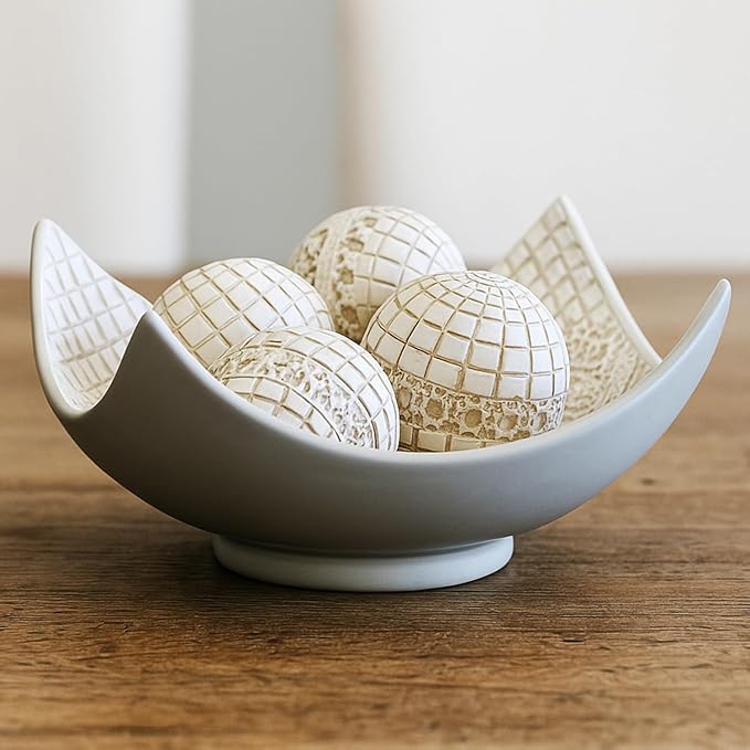 Seraphic 5pc Scoop Bowl Table Centerpieces for Dining Room, Large Decorative Bowls for Coffee Table Decor, Kitchen, Orbs/Balls Included, 14" diagonal. 11" wide and 5.75" tall, White