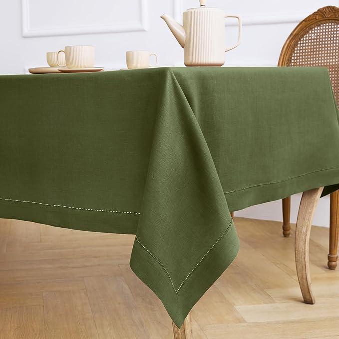 Solino Home Olive Linen Tablecloth 60 x 90 Inch - 100% Pure Linen Hemstitch Table Cloth for Rectangle Tables - Classic Hemstitch, Machine Washable Tablecloth for St Patricks Day