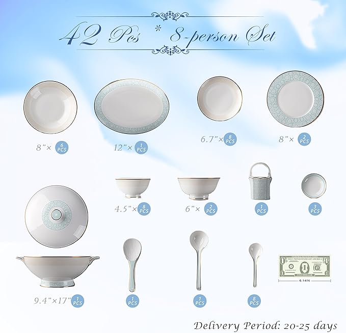 Fine Bone China Dinnerware Set,Porcelain&Ceramic Dinnerware Sets,Bone Stoneware & Ceramic Cookware Tableware Set Includes Dinner Plates|Spoons|Pasta Bowls|Soup Pot|Chopsticks (42PCS * 8-Person Set)