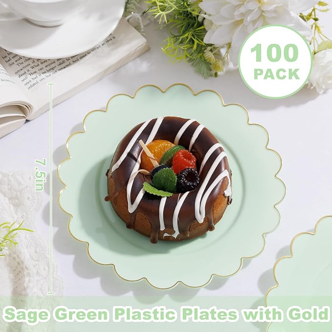 LIYH 100 Pcs Sage Green Dessert Plates Scalloped Plastic Cake Plate Gold Rim - 7.5 Inch Heavy-Duty Leak Proof Appetizer Plastic Plates for Birthday Wedding Holiday Party Self-Service Table Decor