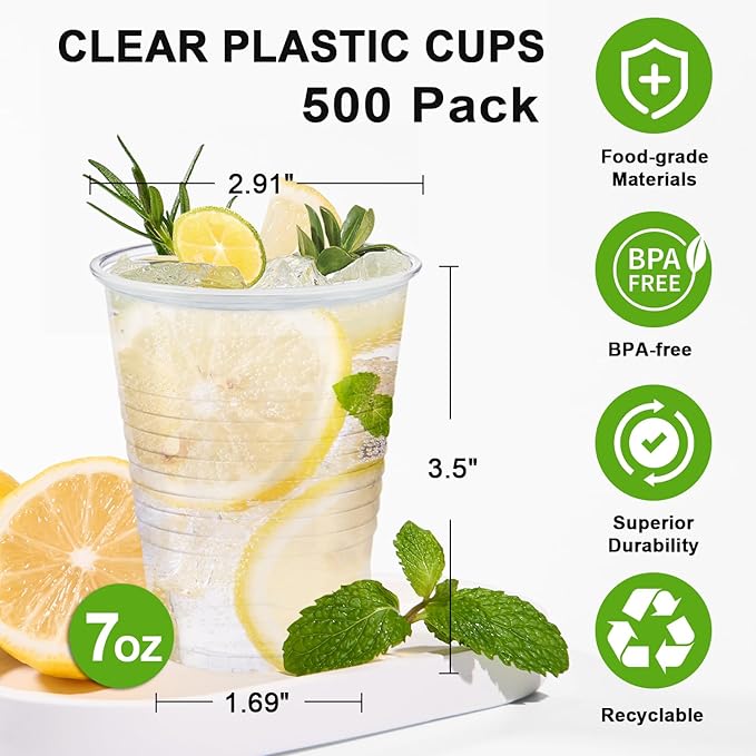 500 Pack 7 oz Plastic Cups, Disposable Drinking Cups, Water Cups Plastic Clear Cups for Party, Wedding, Graduation, Travel, Holiday, Events, Birthday,Cold,Hot
