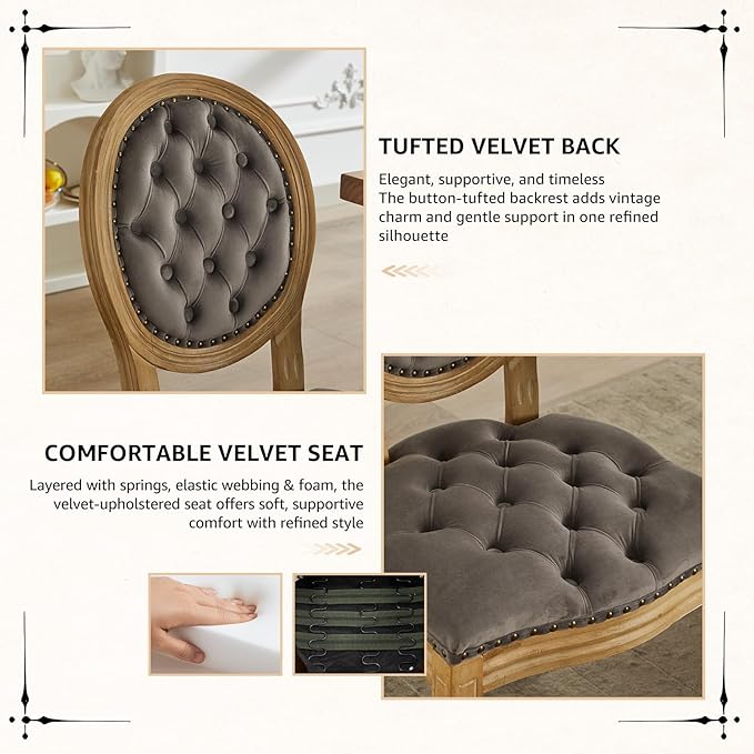 Vintage French Dining Chairs Set of 6, Round Back Velvet Upholstered Accent Chairs with Nailhead Trim and Solid Wood Frame, Elegant Sillas de Comedor for Dining Room & Kitchen, Gray
