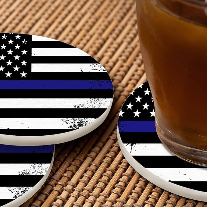 American Flag Coaster Thin Blue Line Support Nation Patriotic Symbol Tabletop Protection for Any Table Type Wood, Granite, Glass, Soapstone, Sandstone, Marble, Stone Tables