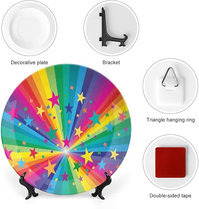 Ceramic Plates, Abstract Decor Decorative Ceramic Plates, Abstract Rainbow and Stars Confetti Rays Striped, 6 Inch, for Dining, Parties, Wedding, Multy
