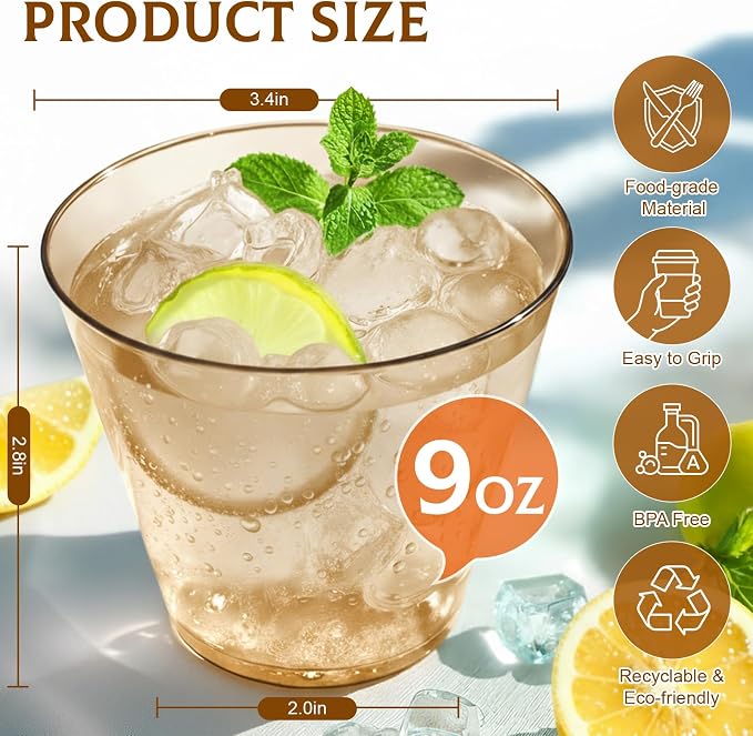 Glowserve 9 OZ Brown Disposable Plastic Cups Cocktail Cup 150 Pack | Fancy - Image 4
