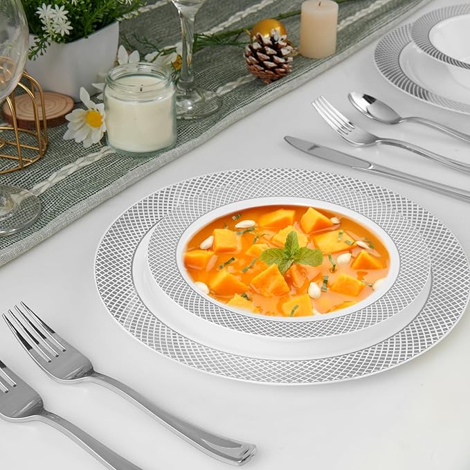 JOLLY CHEF 100 Pack Plastic Bowls with Silver Rim, 12 oz Disposable Soup Bowls, Heavy Duty Dessert Bowls for Weddings, Party, Dinners, Catering, Christmas and Everyday Use