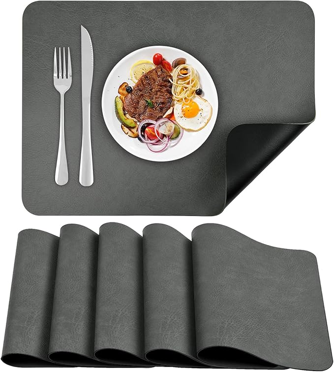 Faux Leather Placemats Set of 6, Vinyl Placemats Wipeable Waterproof Oil-Proof Table Mats, Heat Resistant Reversible Place Mats for Kitchen Indoor Outdoor, 15.8 x 11.8 inches (Grey/Black)