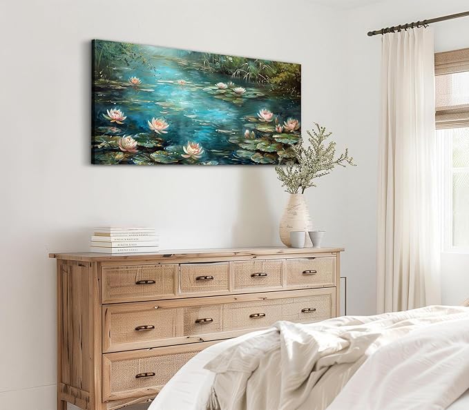 ADJUVANT Wall Art Impressionist Water Lily Pond 60" L x 30" W, Lotus Flower Canvas Painting Nature Artwork Green Water and Pink Blooms Prints Wall Decor for Living Room Bedroom Study Home Office