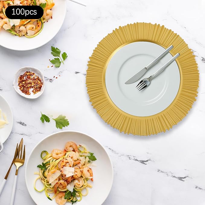 100 Pcs Charger Plates Set, Round Charger Plates, Reusable Serving Plates Embossed Rim Plastic Chargers Plate Decorative Round Plate Chargers