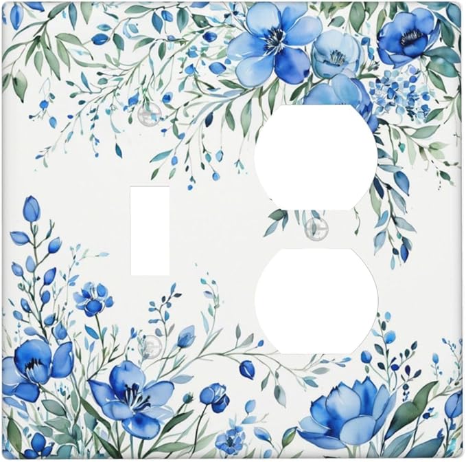 Light Switch Cover Plate Blue Watercolor Flowers Retro Floral Leaves 2 Gang Decorative Switch Plates 1 Toggle Duplex Combo Outlet Covers GFCI Wall Plates for Bathroom Bedroom Decor