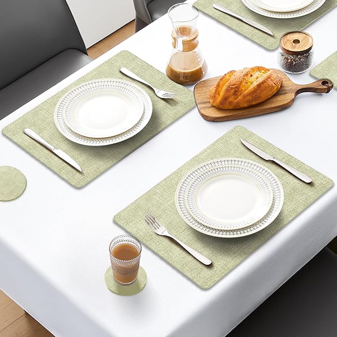 MOSAYT Faux Leather Placemats Set of 4, Heat Resistant Vinyl Place Mats with Coasters, Wipeable Washable Waterproof Oil Proof Table Mats for Kitchen Dining Indoor Outdoor, 12" x 17", Sage Green