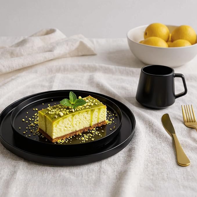 MIAMIO – Ceramic Dinner Plates Set for 4 People/Ceramic Dinnerware 4-Piece, Modern Stoneware, Dishwasher & Microwave Safe – Luxe Collection (Black, 8 Inch)
