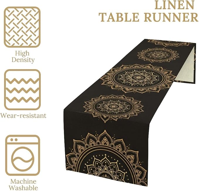 Golden Mandala Table Runner, Traditional Indian Gold Black Flower Vintage - Image 4