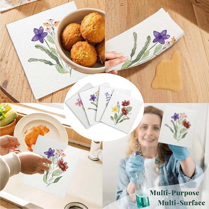 Spring Flower Swedish Dishcloths for Kitchen, Swedish Dish Cleaning Cloths for Floral, Papaya Reusable Paper Towels, 4 Pack Dish Towels for Kitchen, Reusable Paper Dishcloths Washable