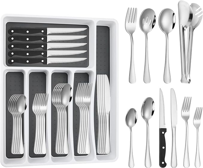 53PCS Silverware Set for 8 with Flatware Drawer Organizer, Stainless Steel Cutlery Set with Steak Knives, Include Spoons and Forks Set & Serving Utens, Dishwasher Safe, Heavy Duty, Silver