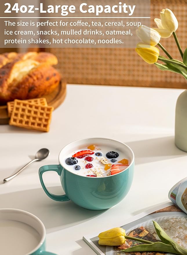 Teocera 24 oz Soup Bowls with Handles, Porcelain Large Coffee Mug Set, Jumbo - Image 5