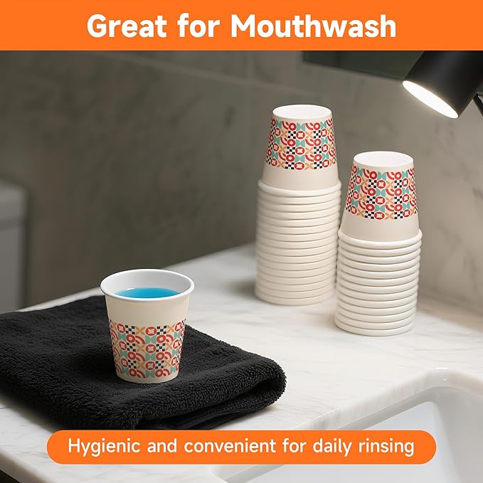 300 Pack 3 oz Bathroom Cups, Disposable Paper Cups with Rolled Rim, Small Paper Mouthwash Cup for Guest Bathrooms, Vanity & Office Use, Puzzle
