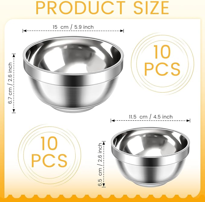 Mimorou 20 Pack 304 Stainless Steel Bowls Set 13oz 20oz Metal Double Walled Insulated Snack Mixing Lightweight Multipurpose Toddler Dinner Bowls for Ice Cream, Cereal, Snack