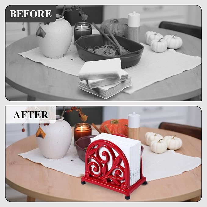 JOGREFUL Cast Iron Napkin Holder, Kitchen Organizer Foliage Scroll Red | - Image 4