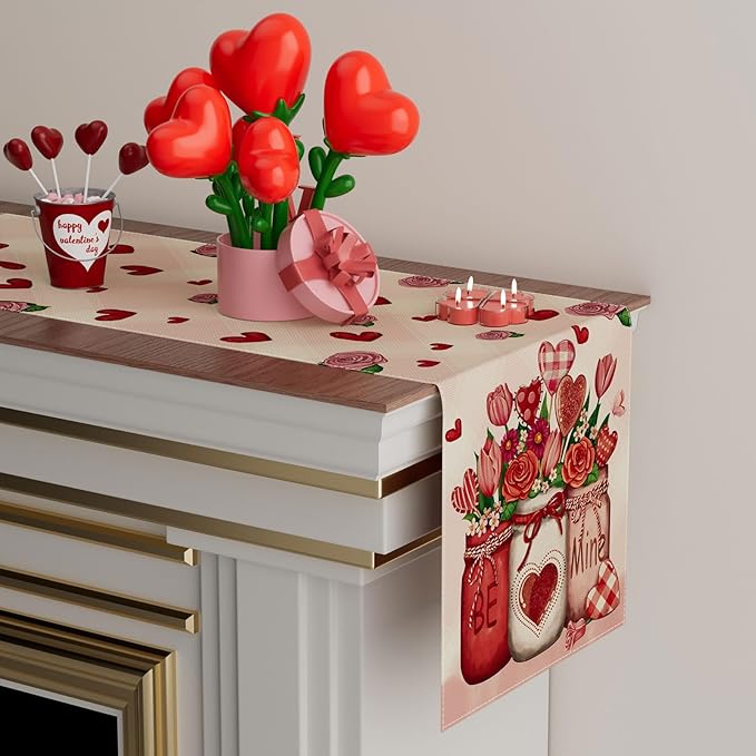 XCHI Roses Flowers Love Hearts Vase Valentine’s Day Table Runner Table Decoration for Party Home Kitchen Dining Dinner Holiday Decor 13x48 Inch