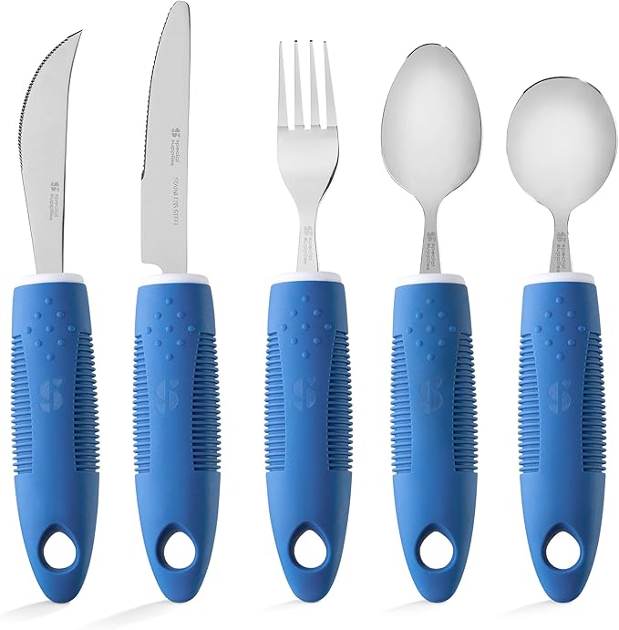 Special Supplies Adaptive Utensils (5-Piece Kitchen Set) Wide, Non-Weighted, Non-Slip Handles for Hand Tremors, Arthritis, Parkinson’s or Elderly Use - Stainless Steel Knives, Fork, Spoons - Blue