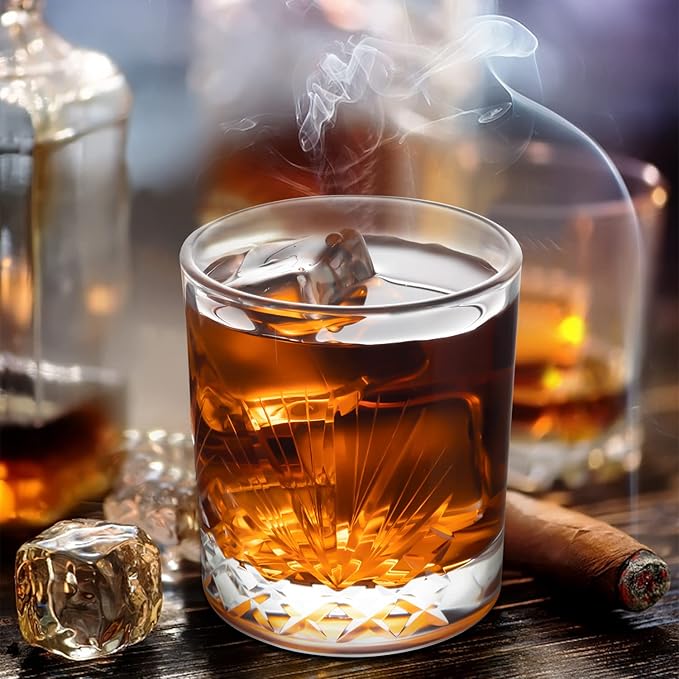 SHOSHIN Hand Cut Whiskey Glasses - Rocks Glasses Set 4- Old Fashioned glass 13Oz, Clear Crystal Whiskey Bourbon Glass, Handmade gifts Scotch Glass, Bar Glasses