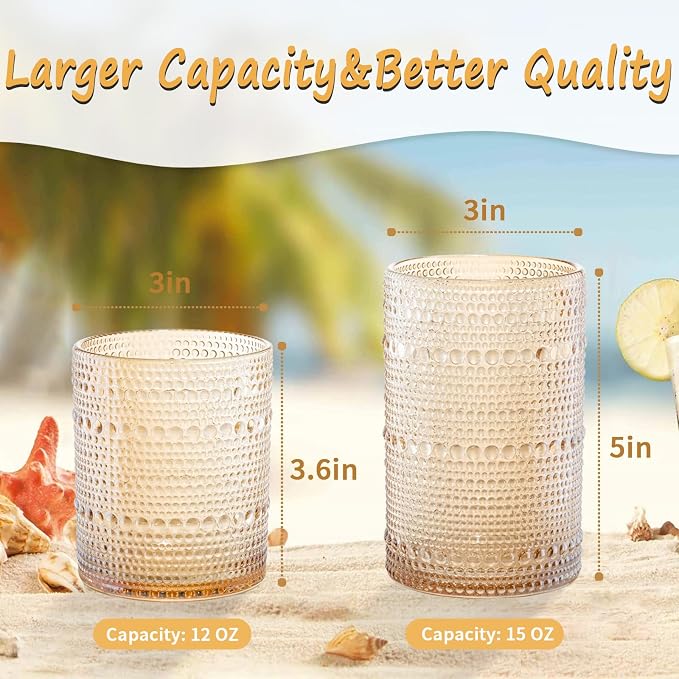 Amber Hobnail Beaded Drinking Glasses Set of 12, 12 oz & 15oz Vintage Glassware - Image 5