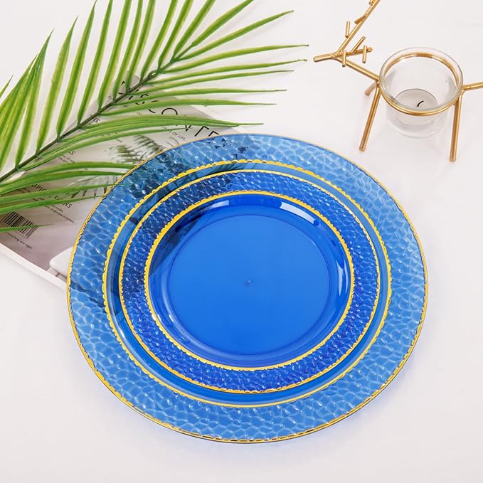 Nervure 150PCS Clear Blue Plastic Plates - Gold Party Plates - Blue and Gold Dinnerware Set Include: 50 Disposable Plate, 25Cups, 25Forks, 25Knives, 25Spoons for Wedding & Party & Hanukkah