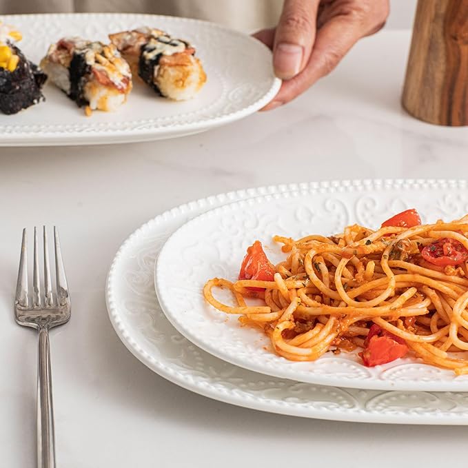 Oval Serving Platter, 14"/12"/10" Ceramic Serving Platters, Embossed White Serving Plates, Stackable Porcelain Tray for Appetizer, Dessert, Pasta, Sushi, Oven Dishwasher Safe, Set of 3, Family Dining