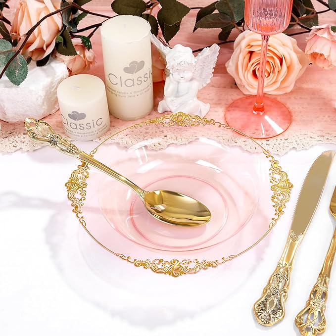 100PCS Clear Pink Plastic Bowls - 12 oz Pink Gold Disposable Salad Bowls - Heavy Duty Disposable Soup Bowl - Fancy Plastic Ice Cream Bowl for Weddings Valentine's Day Parties Dinners Picnics
