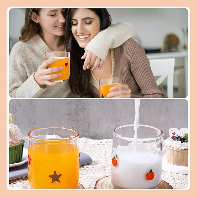 Icon Juice Glasses, 14oz Stemless Wine Drinking Juice Glass Cup for Valentine Party Supplies Gift(7 Pcs,Multi-style)